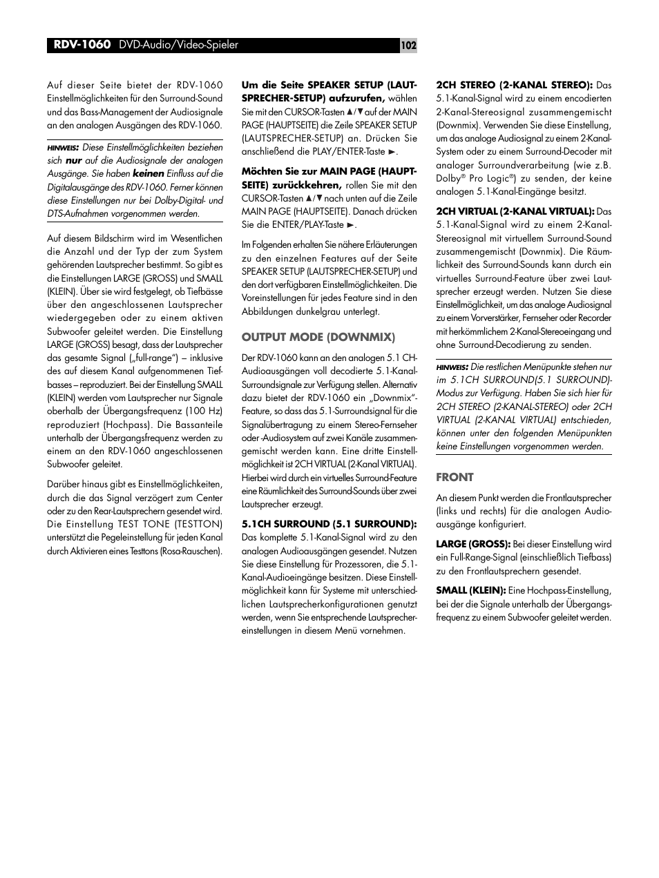 Output mode (downmix), Front | ROTEL RDV-1060 User Manual | Page 102 / 108