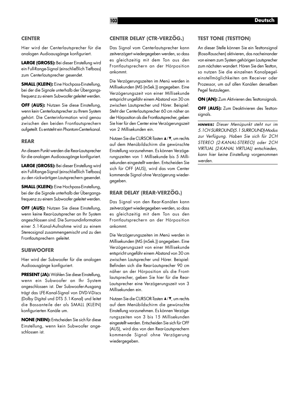 Center, Rear, Subwoofer | Center delay (ctr-verzög.), Rear delay (rear-verzög.), Test tone (testton) | ROTEL RDV-1060 User Manual | Page 103 / 108