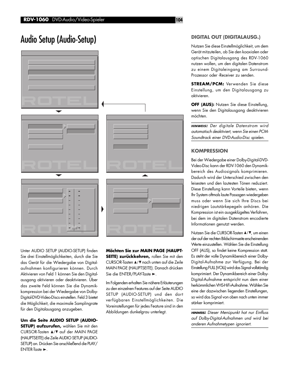 Audio setup (audio-setup), Digital out (digitalausg.), Kompression | Rdv-1060 dvd-audio/video-spieler | ROTEL RDV-1060 User Manual | Page 104 / 108