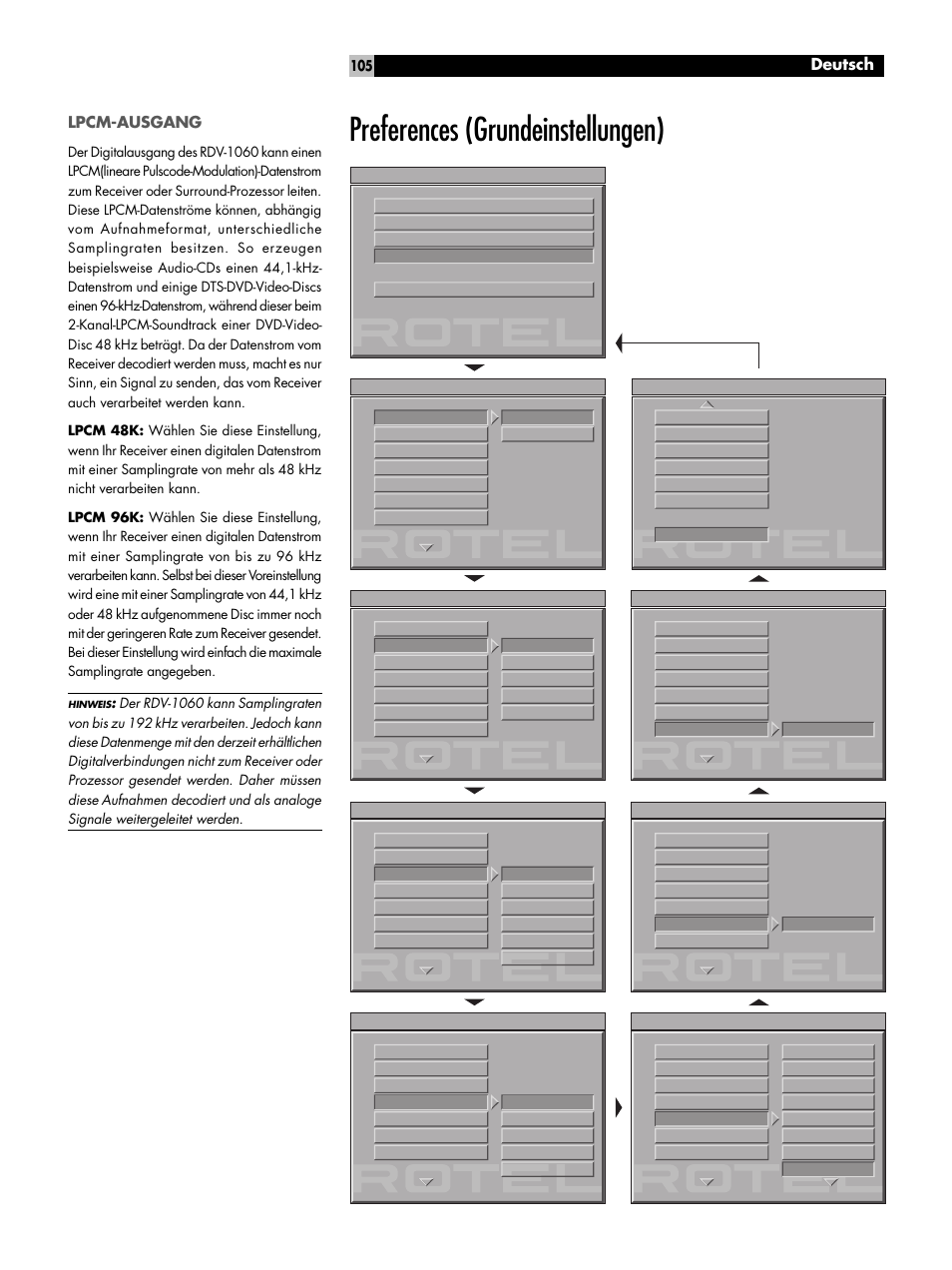 Lpcm-ausgang, Preferences (grundeinstellungen), Deutsch | ROTEL RDV-1060 User Manual | Page 105 / 108