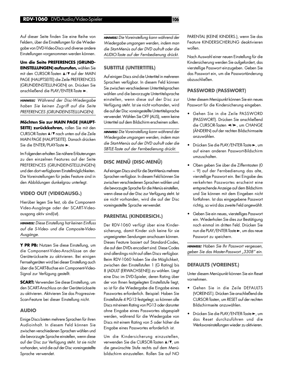Video out (videoausg.), Audio, Subtitle (untertitel) | Disc menü (disc-menü), Parental (kindersich.), Password (passwort), Defaults (voreinst.) | ROTEL RDV-1060 User Manual | Page 106 / 108