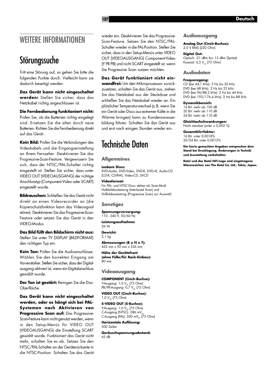 Weitere informationen, Störungssuche, Technische daten | Allgemeines, Sonstiges, Videoausgang, Audioausgang, Audiodaten, Deutsch | ROTEL RDV-1060 User Manual | Page 107 / 108