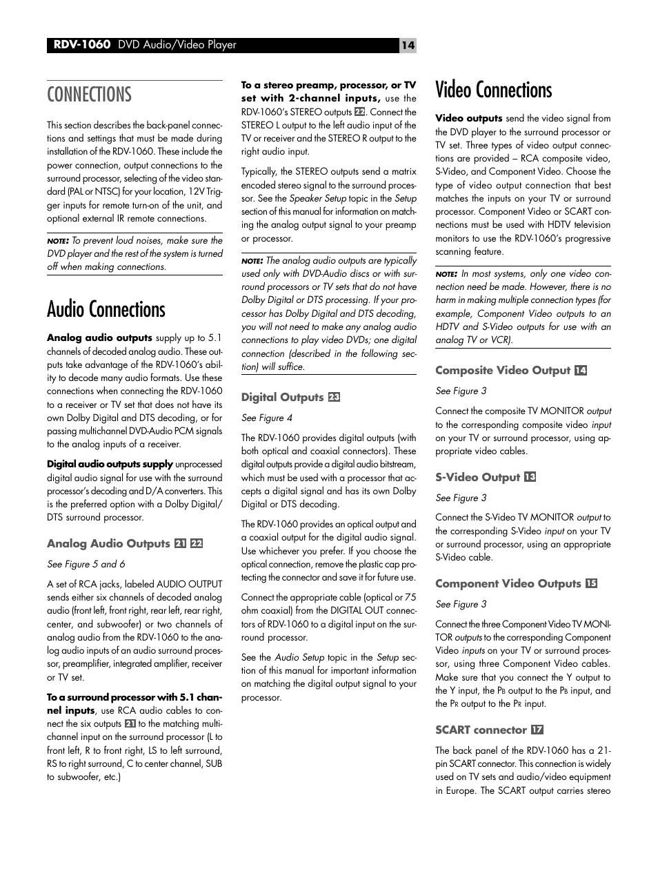 Connections, Audio connections, Analog audio outputs | Digital outputs, Video connections, Composite video output, S-video output, Component video outputs, Scart connector | ROTEL RDV-1060 User Manual | Page 14 / 108