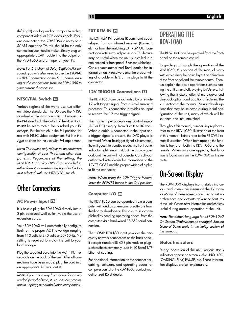 Ntsc/pal switch, Other connections, Ac power input | Ext rem in, 12v trigger connections, Computer i/o, Operating the rdv-1060, On-screen display, Status indicators | ROTEL RDV-1060 User Manual | Page 15 / 108