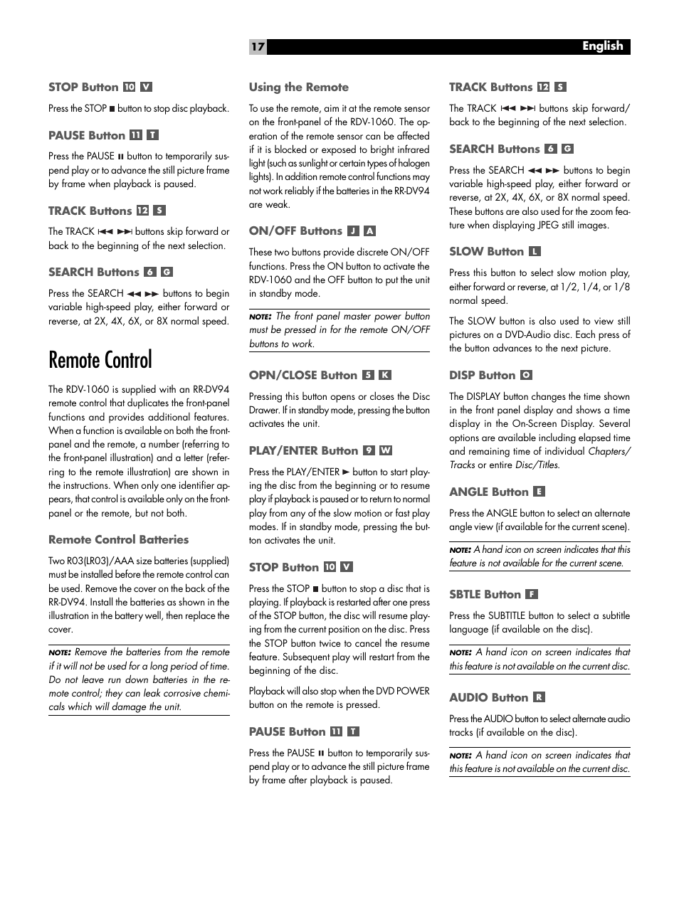 Stop button, Pause button, Track buttons | Search buttons, Remote control, Remote control batteries, Using the remote, On/off buttons, Opn/close button, Play/enter button | ROTEL RDV-1060 User Manual | Page 17 / 108