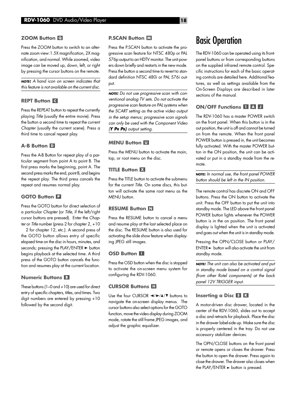 Zoom button, Rept button, A-b button | Goto button, Numeric buttons, P.scan button, Menu button, Title button, Resume button, Osd button | ROTEL RDV-1060 User Manual | Page 18 / 108