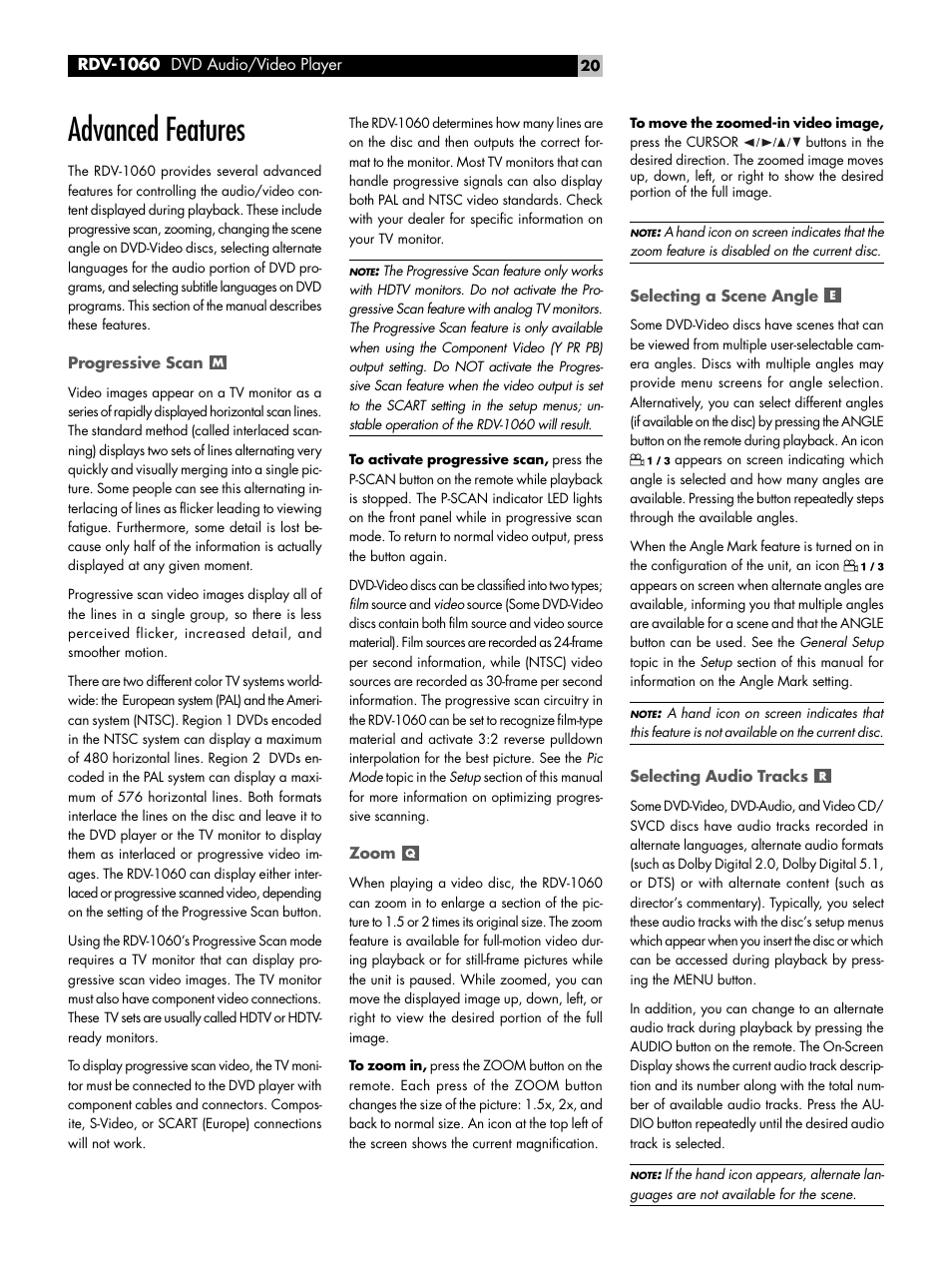Advanced features, Progressive scan, Zoom | Selecting a scene angle, Selecting audio tracks | ROTEL RDV-1060 User Manual | Page 20 / 108