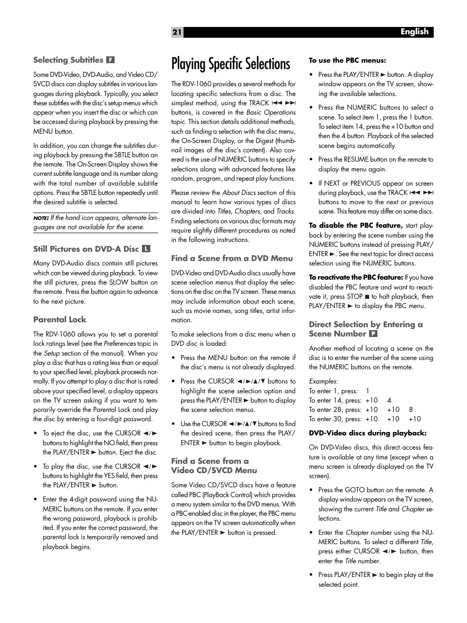 Selecting subtitles, Still pictures on dvd-a disc, Parental lock | Playing specific selections, Find a scene from a dvd menu, Find a scene from a video cd/svcd menu, Direct selection by entering a scene number | ROTEL RDV-1060 User Manual | Page 21 / 108