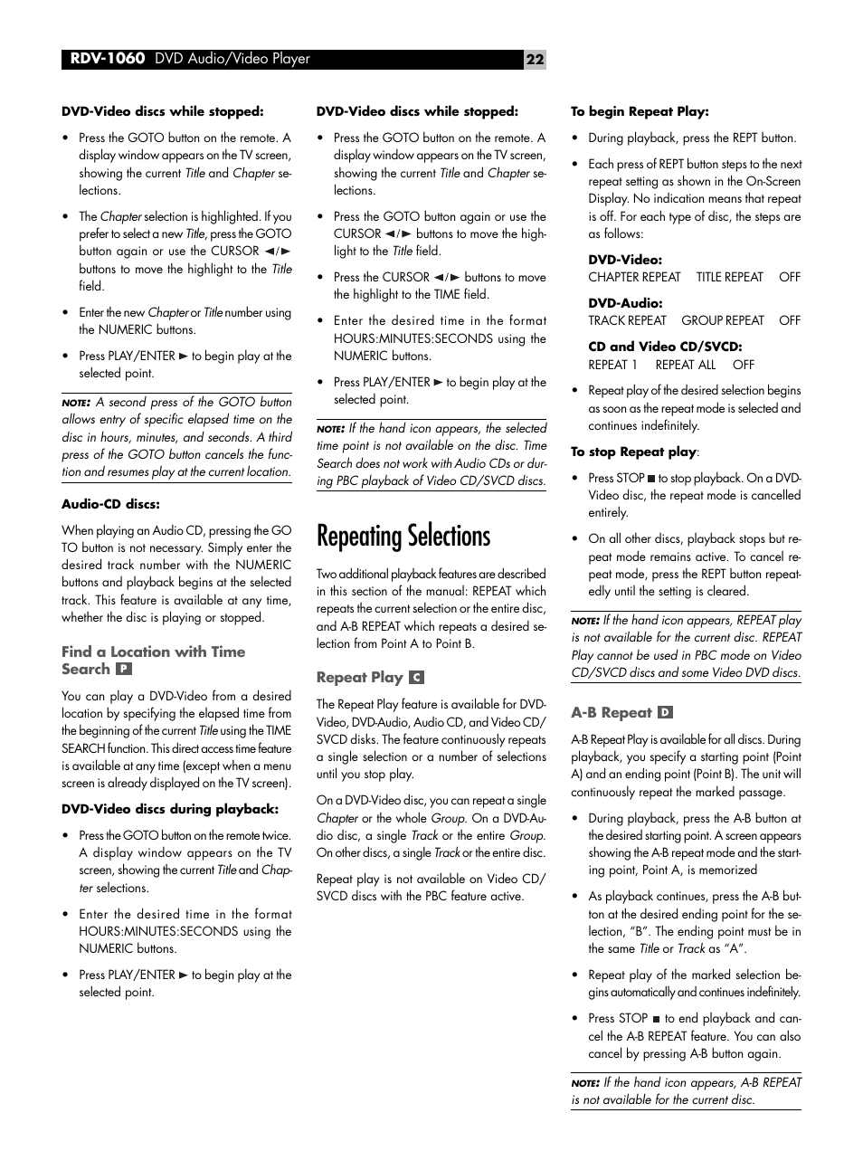 Find a location with time search, Repeating selections, Repeat play | A-b repeat | ROTEL RDV-1060 User Manual | Page 22 / 108