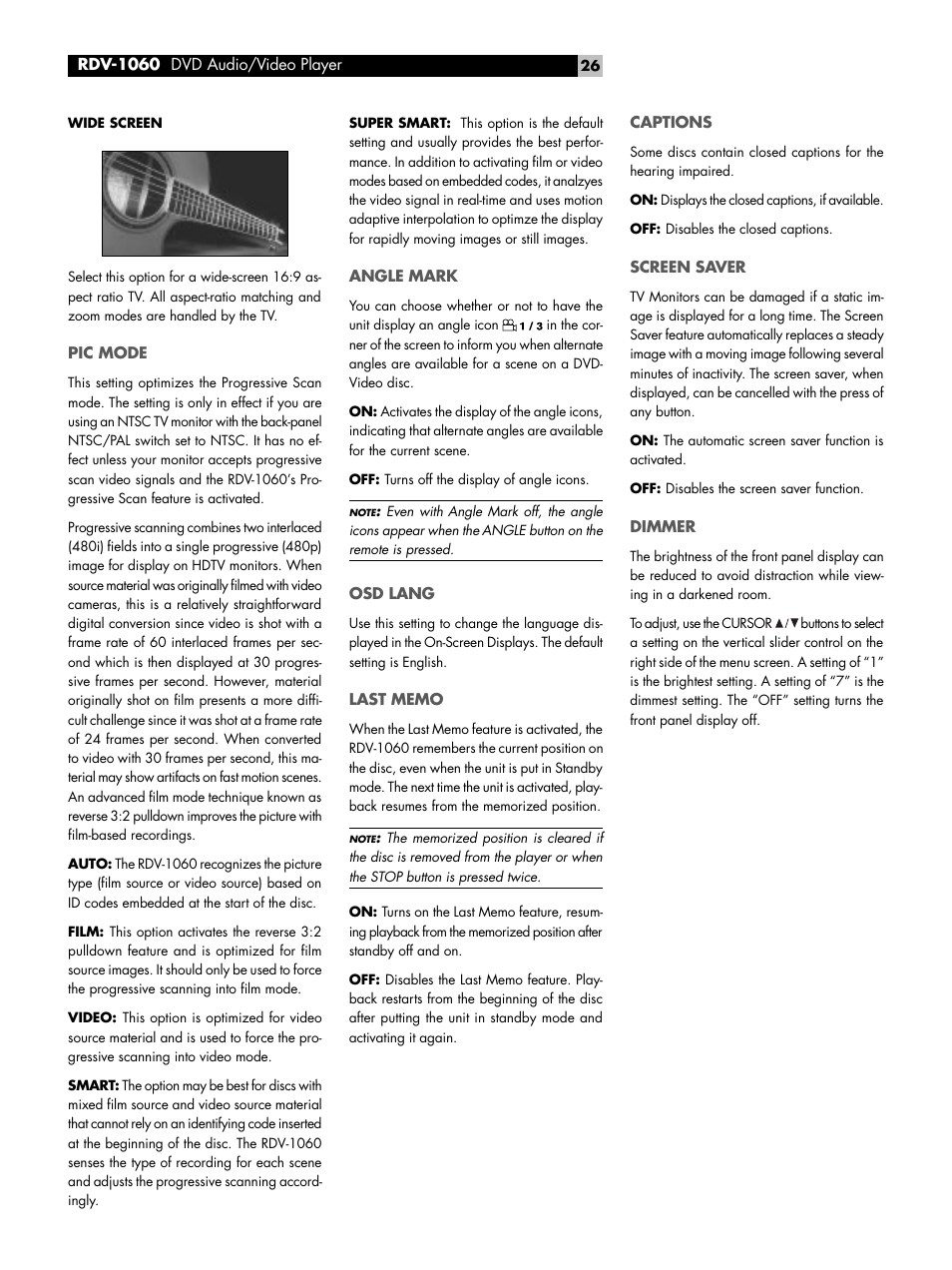 Pic mode, Angle mark, Osd lang | Last memo, Captions, Screen saver, Dimmer | ROTEL RDV-1060 User Manual | Page 26 / 108