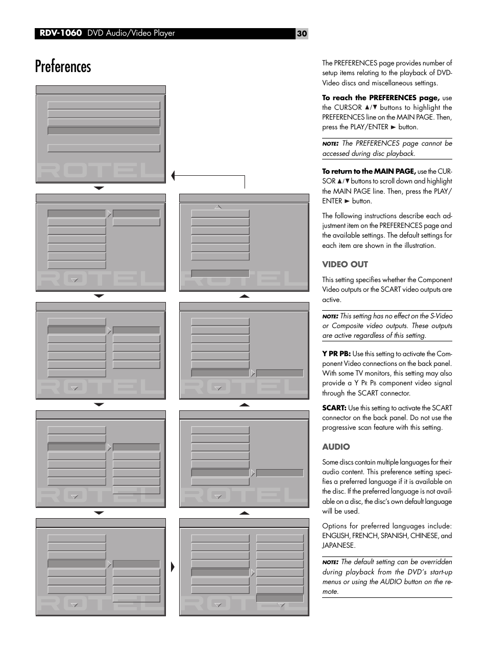 Preferences, Video out, Audio | Rdv-1060 dvd audio/video player | ROTEL RDV-1060 User Manual | Page 30 / 108