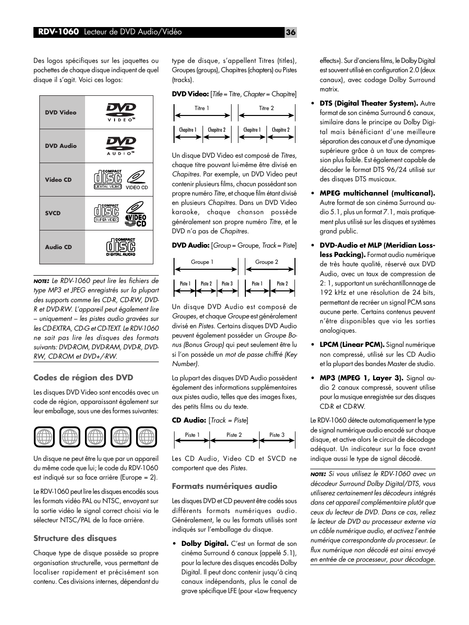 Codes de région des dvd, Structure des disques, Formats numériques audio | ROTEL RDV-1060 User Manual | Page 36 / 108