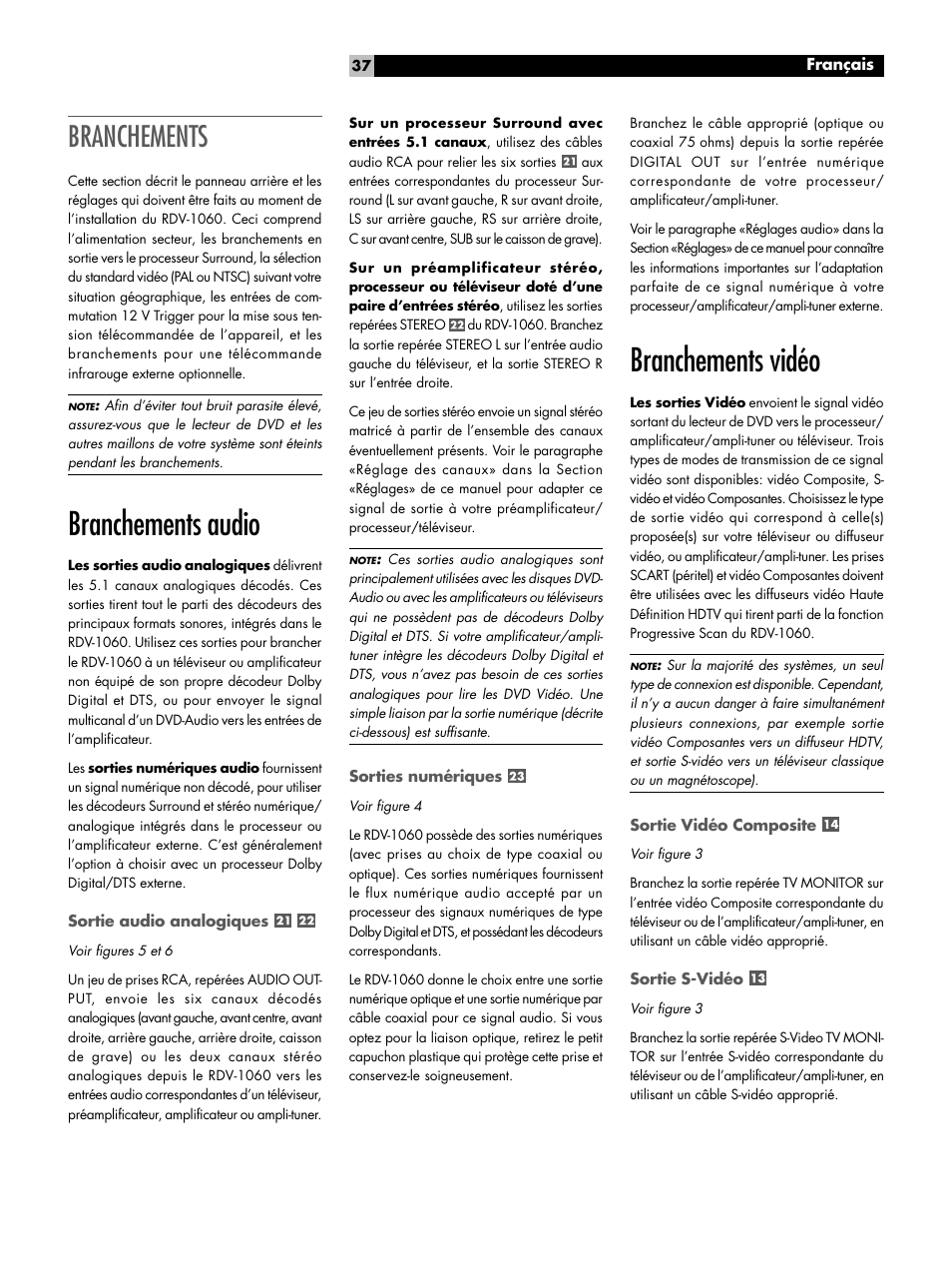 Branchements, Branchements audio, Sortie audio analogiques | Sorties numériques, Branchements vidéo, Sortie vidéo composite, Sortie s-vidéo | ROTEL RDV-1060 User Manual | Page 37 / 108