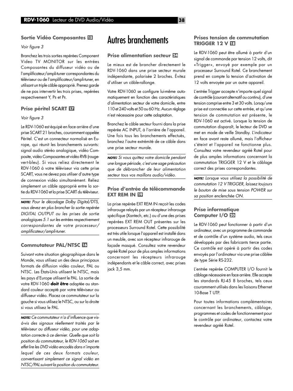 Sortie vidéo composantes, Prise péritel scart, Commutateur pal/ntsc | Autres branchements, Prise alimentation secteur, Prise d'entrée de télécommande ext rem in, Prises tension de commutation trigger 12 v, Prise informatiquecomputer i/o, Prise d’entrée de télécommande ext rem in | ROTEL RDV-1060 User Manual | Page 38 / 108