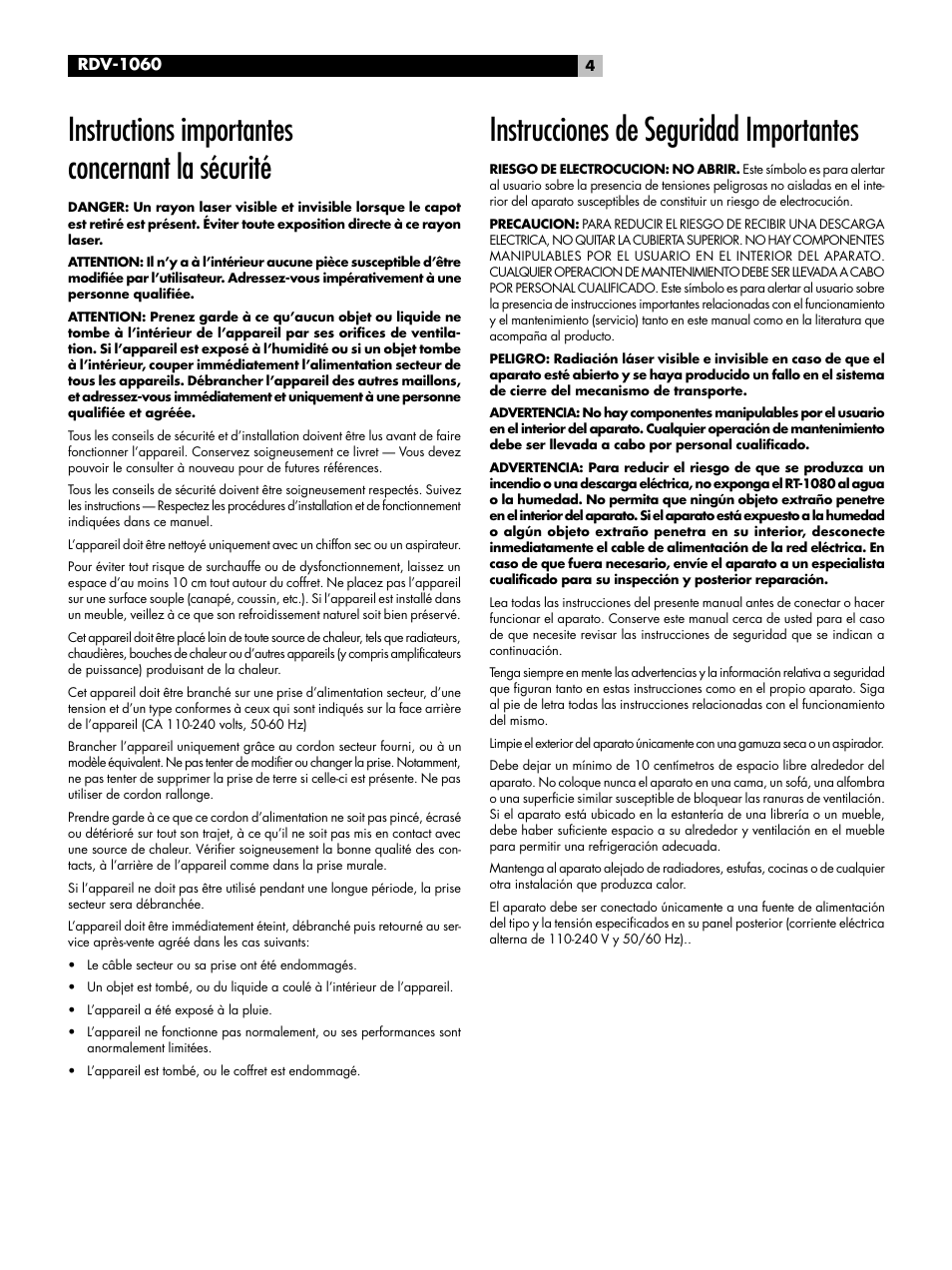 Instrucciones de seguridad importantes, Instructions importantes concernant la sécurité | ROTEL RDV-1060 User Manual | Page 4 / 108