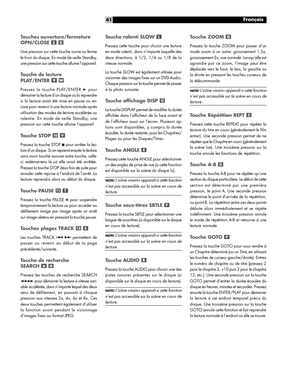 Touches ouverture/fermeture opn/close, Touche de lecture play/enter, Touche stop | Touche pause, Touches plages track, Touche de recherche search, Touche ralenti slow, Touche affichage disp, Touche angle, Touche sous-titres sbtle | ROTEL RDV-1060 User Manual | Page 41 / 108