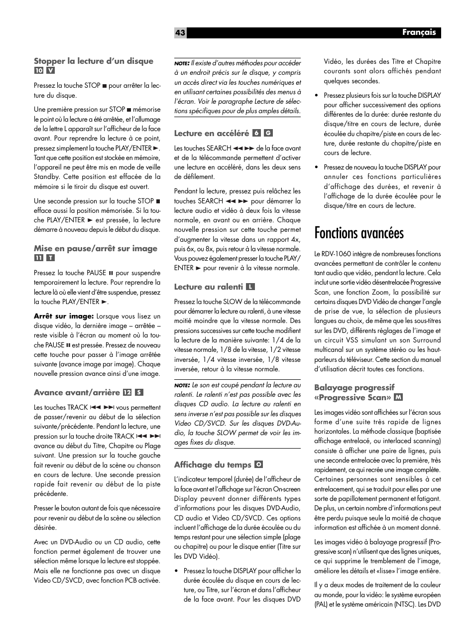 Mise en pause/arrêt sur image, Avance avant/arrière, Lecture en accéléré | Lecture au ralenti, Affichage du temps, Fonctions avancées, Balayage progressif «progressive scan | ROTEL RDV-1060 User Manual | Page 43 / 108