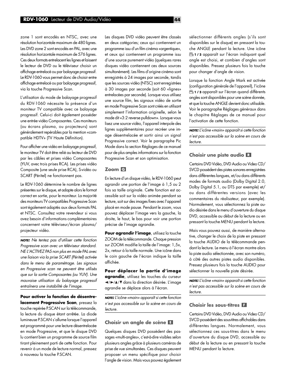 Zoom, Choisir un angle de scène, Choisir une piste audio | Choisir les sous-titres, Images fixes sur un dvd-audio, Verrouillage parental | ROTEL RDV-1060 User Manual | Page 44 / 108