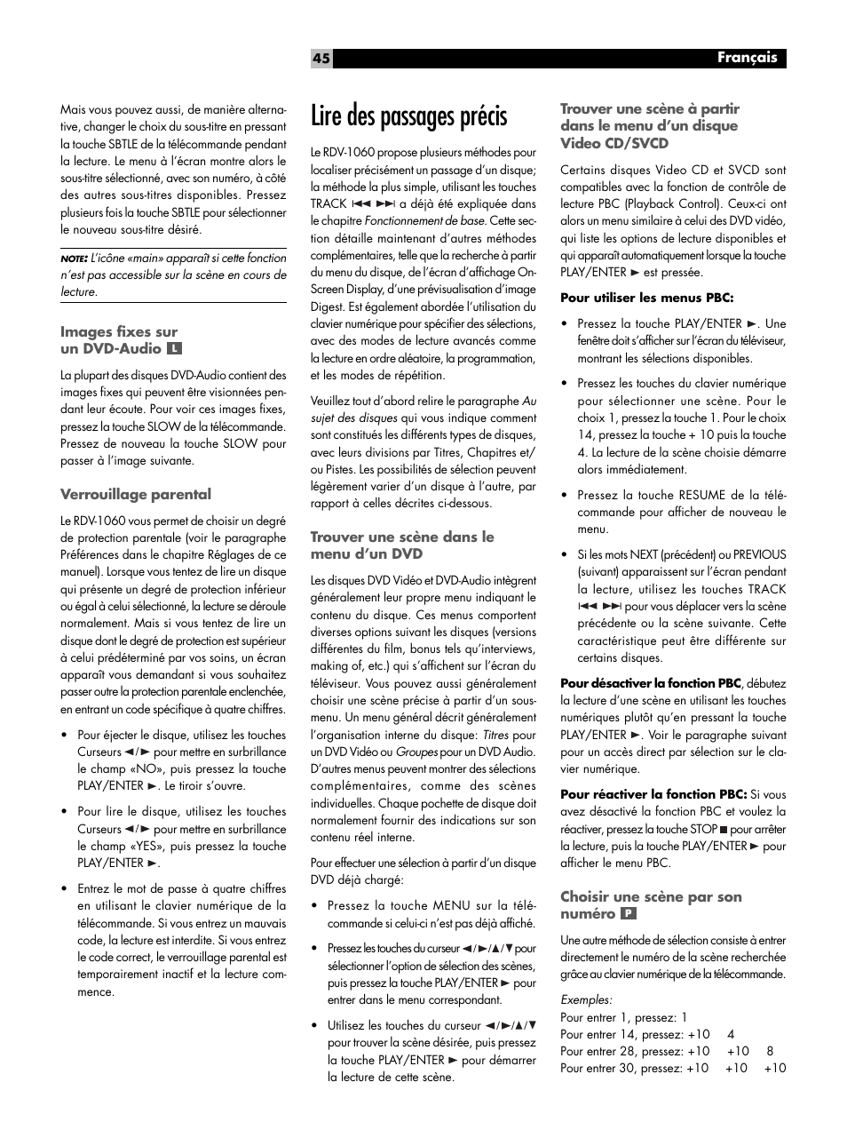 Lire des passages précis, Trouver une scène dans le menu d'un dvd, Choisir une scène par son numéro | Trouver une scène dans le menu d’un dvd | ROTEL RDV-1060 User Manual | Page 45 / 108