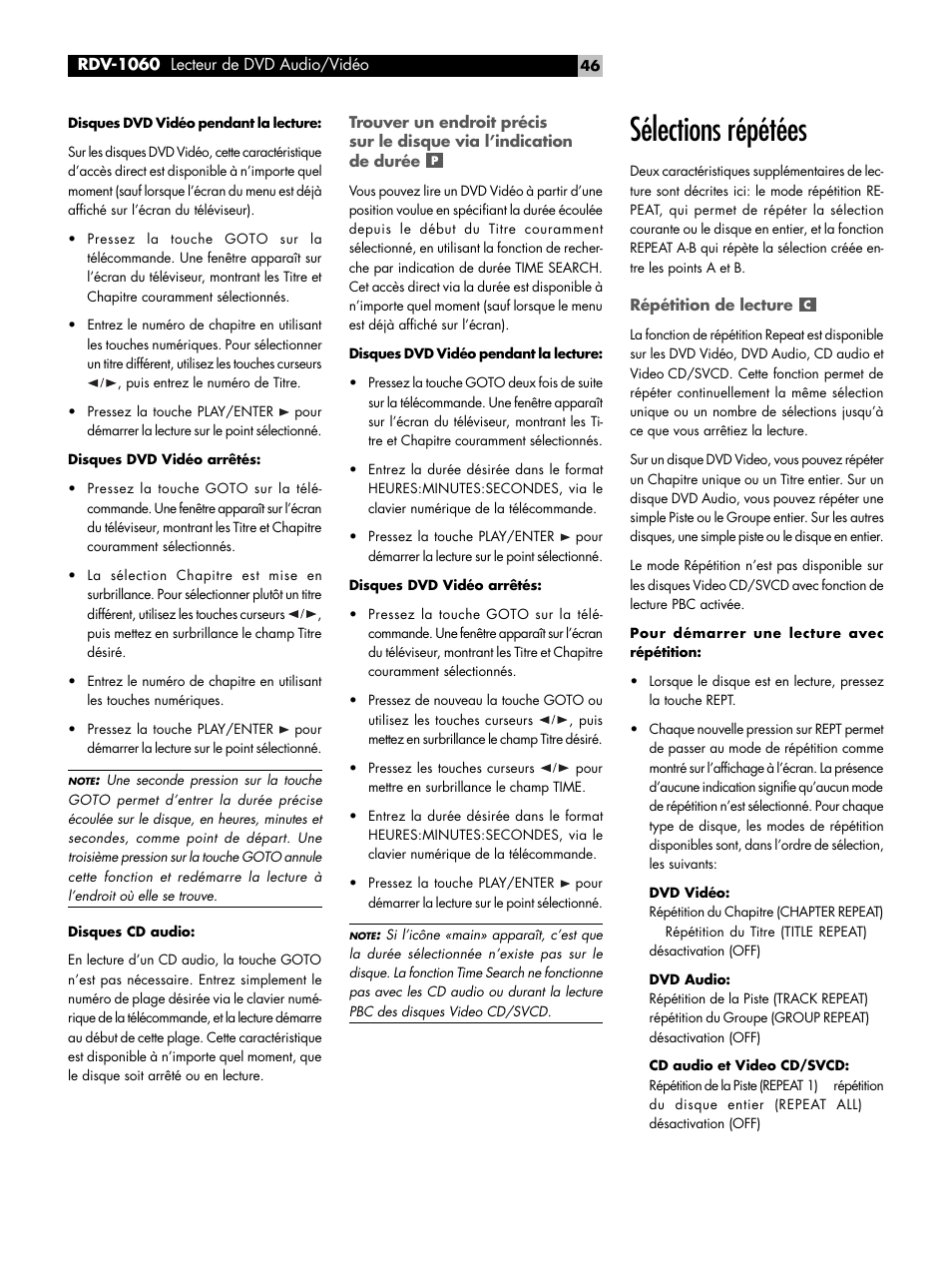 Sélections répétées, Répétition de lecture, Répétition a-b | ROTEL RDV-1060 User Manual | Page 46 / 108