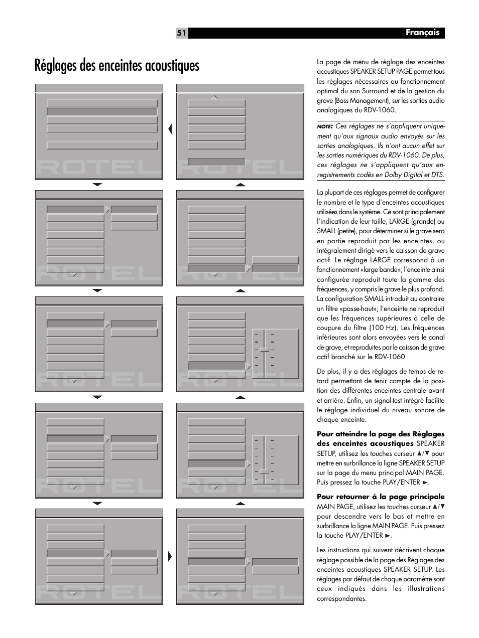 Réglages des enceintes acoustiques, Mode de sortie output, Français | ROTEL RDV-1060 User Manual | Page 51 / 108