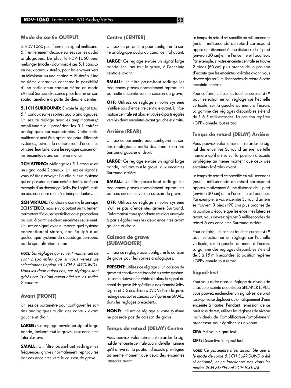 Mode de sortie output, Avant (front), Centre (center) | Arrière (rear), Caisson de grave (subwoofer), Temps de retard (delay) centre, Temps de retard (delay) arrière, Signal-test, Réglages audio, Sortie numérique digital out | ROTEL RDV-1060 User Manual | Page 52 / 108