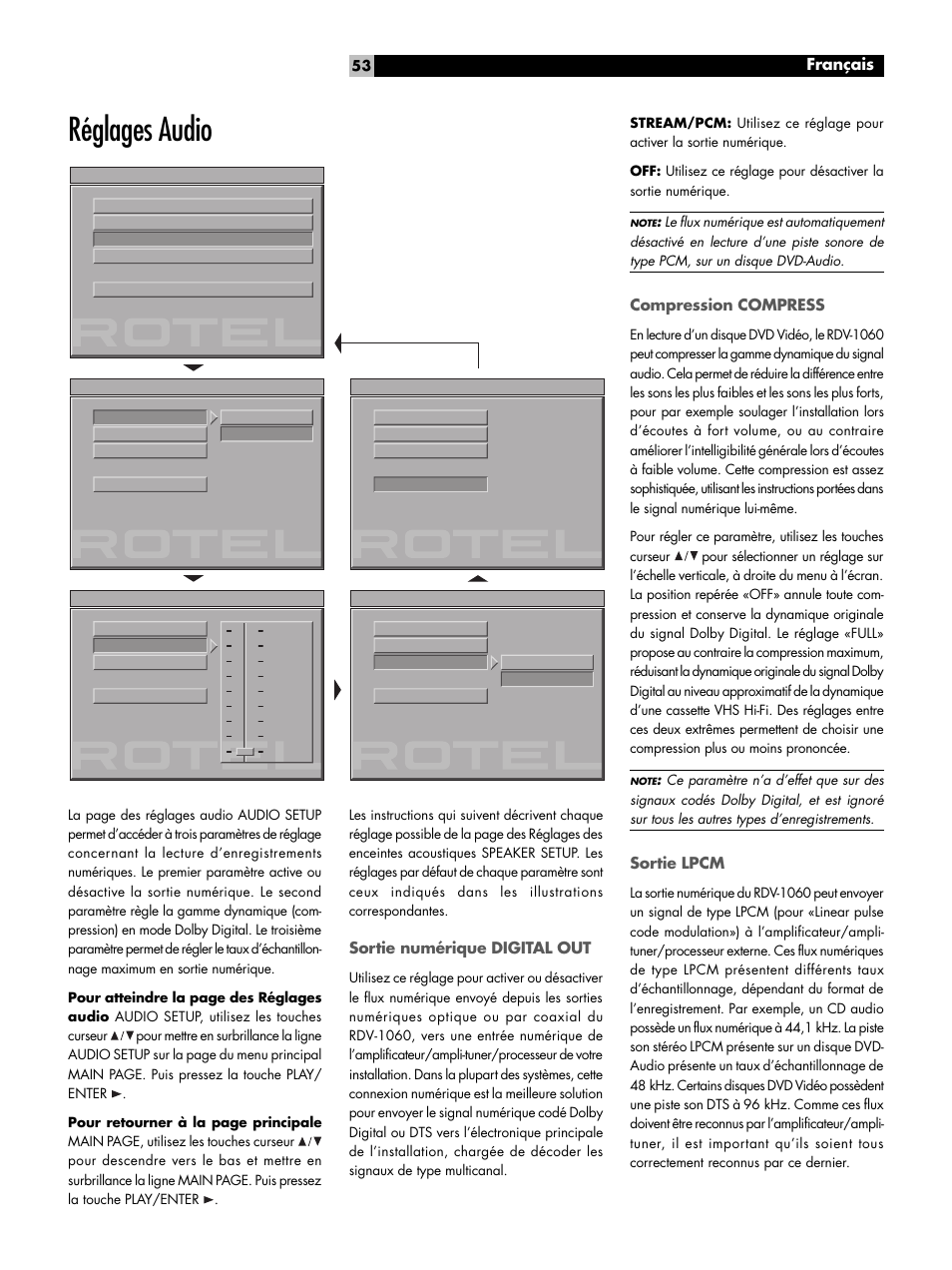 Réglages audio, Sortie numérique digital out, Compression compress | Sortie lpcm, Préférences, Français | ROTEL RDV-1060 User Manual | Page 53 / 108