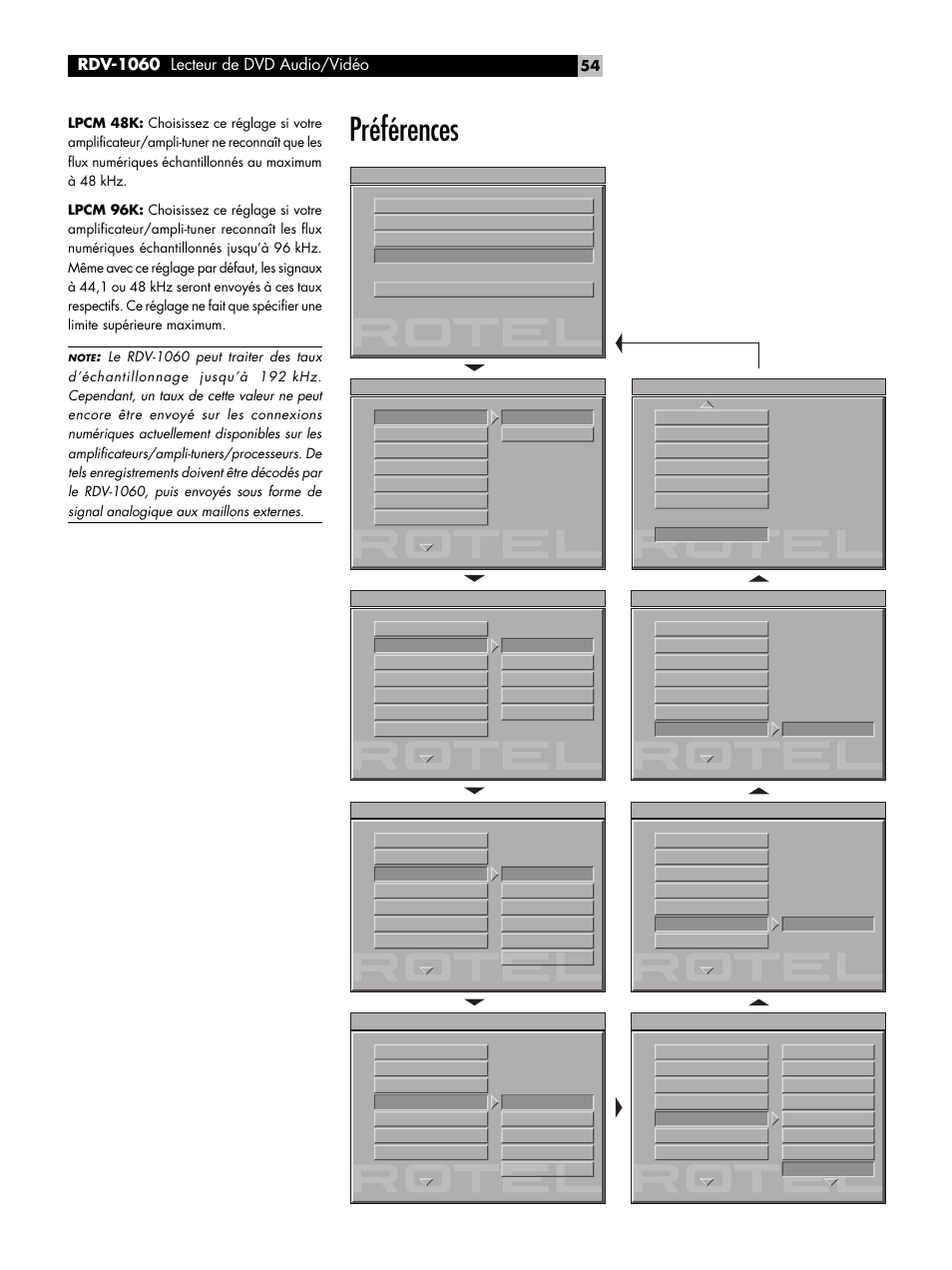 Préférences, Sortie video out, Audio | Rdv-1060 lecteur de dvd audio/vidéo | ROTEL RDV-1060 User Manual | Page 54 / 108