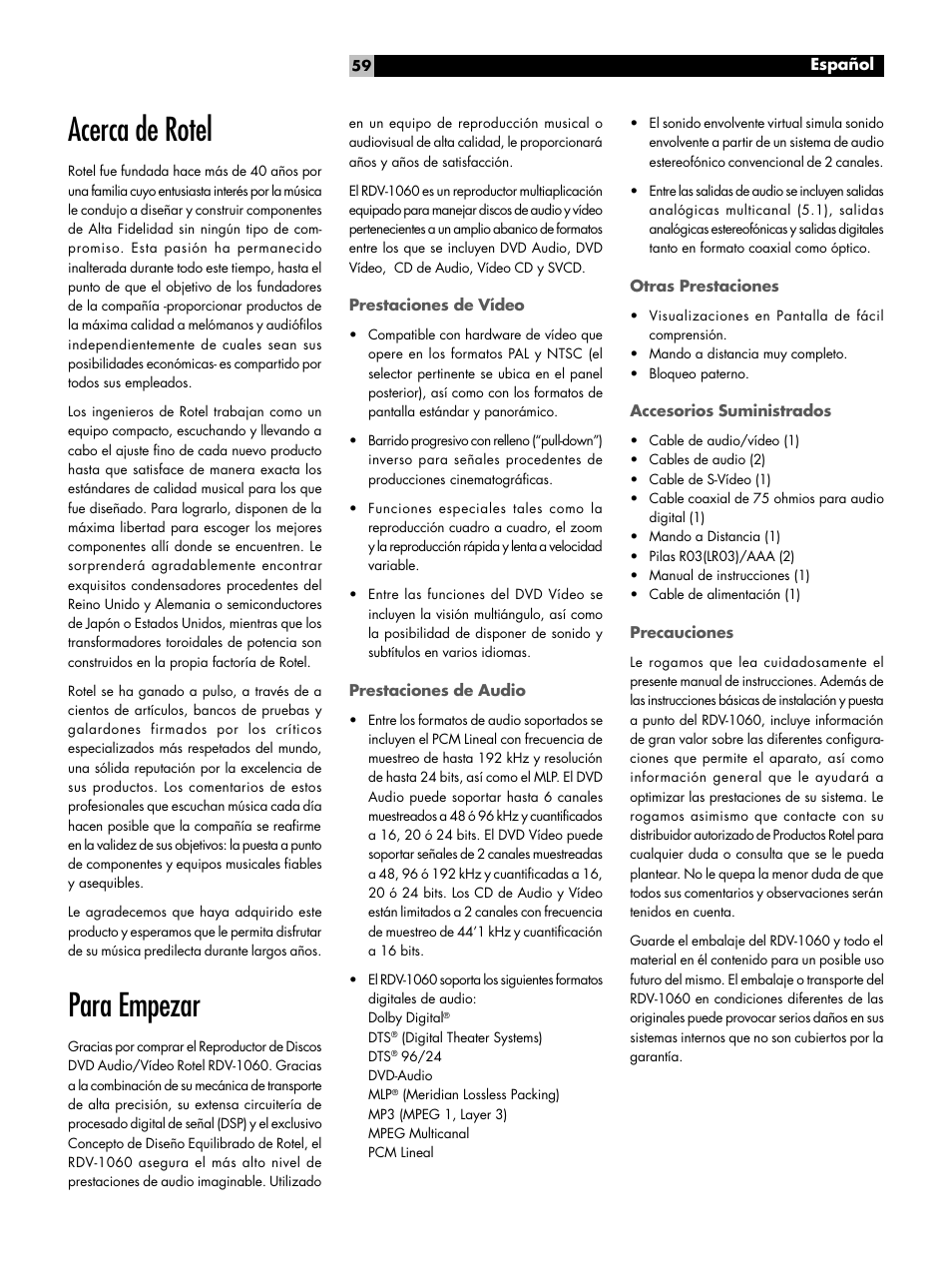 Instrucciones de seguridad importantes 4, Para empezar, Prestaciones de vídeo | Prestaciones de audio, Otras prestaciones, Accesorios suministrados, Precauciones, Acerca de rotel | ROTEL RDV-1060 User Manual | Page 59 / 108