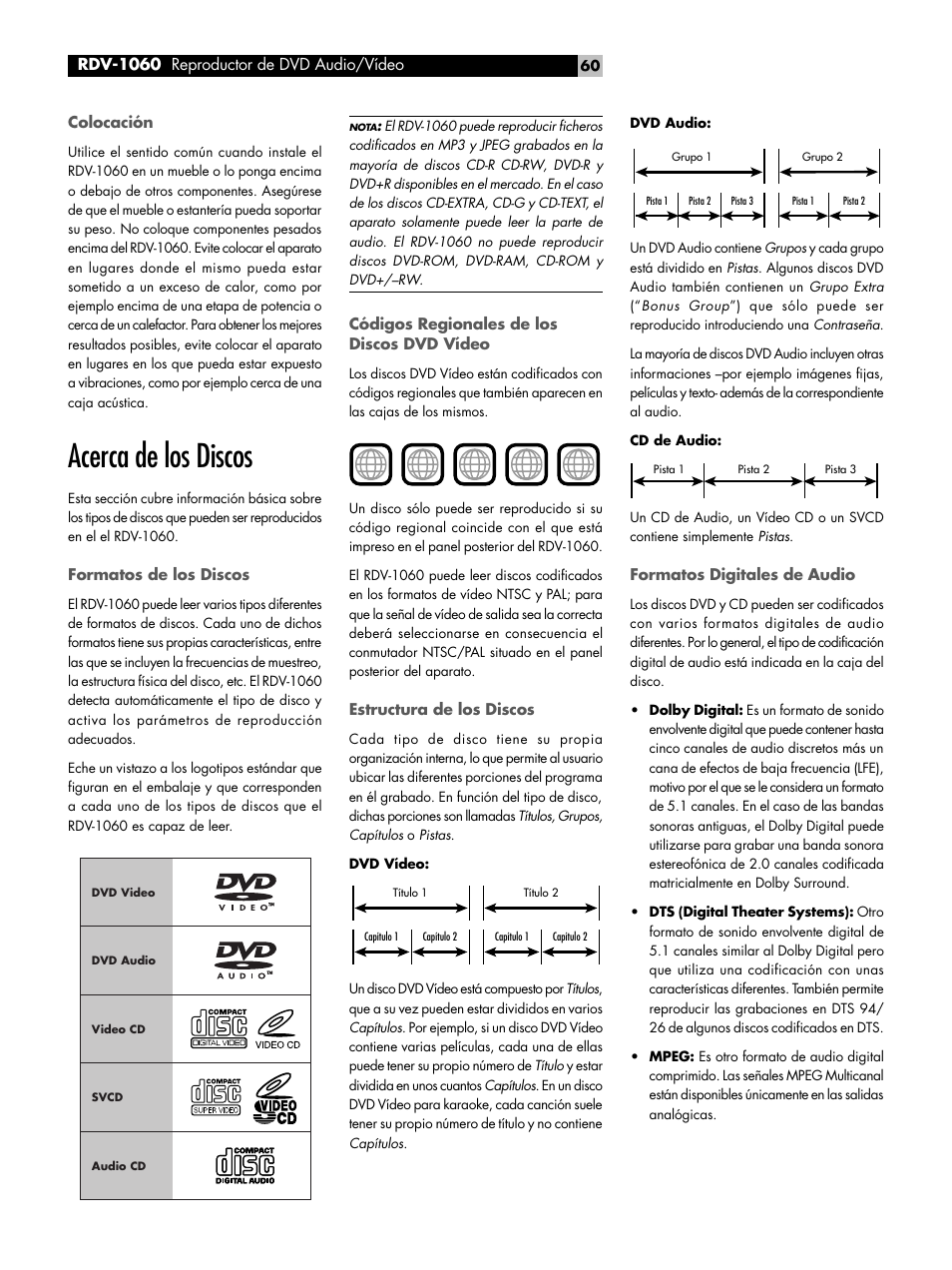 Colocación, Acerca de los discos, Formatos de los discos | Códigos regionales de los discos dvd vídeo, Estructura de los discos, Formatos digitales de audio | ROTEL RDV-1060 User Manual | Page 60 / 108