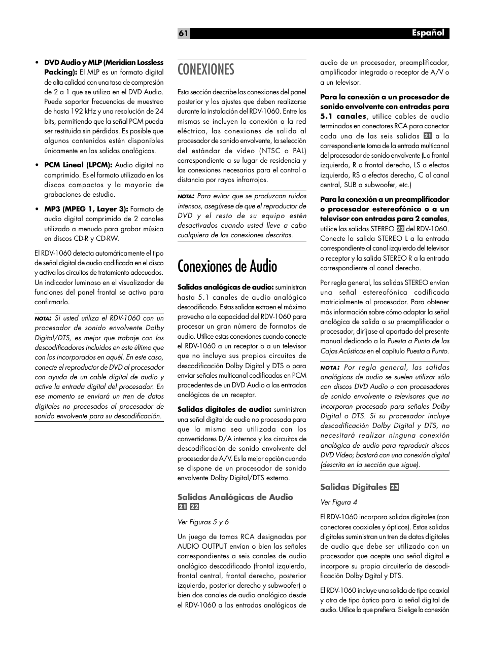 Conexiones, Conexiones de audio, Salidas analógicas de audio | Salidas digitales | ROTEL RDV-1060 User Manual | Page 61 / 108