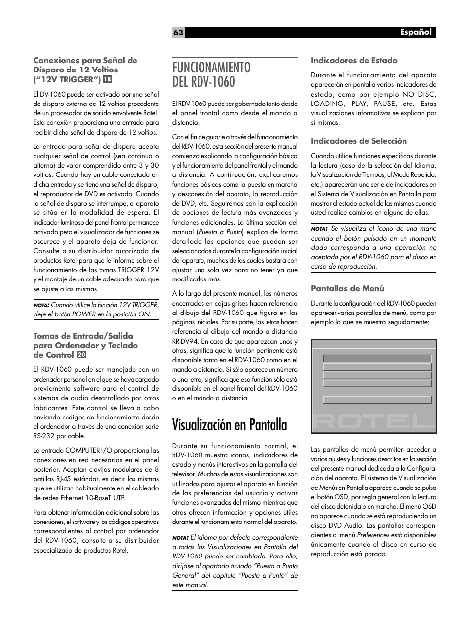 Funcionamiento del rdv-1060, Visualización en pantalla, Indicadores de estado | Indicadores de selección, Pantallas de menú | ROTEL RDV-1060 User Manual | Page 63 / 108