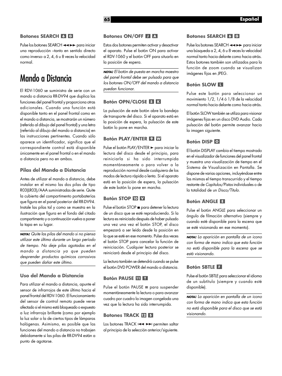 Botones search, Mando a distancia, Pilas del mando a distancia | Uso del mando a distancia, Botones on/off, Botón opn/close, Botón play/enter, Botón stop, Botón pause, Botones track | ROTEL RDV-1060 User Manual | Page 65 / 108