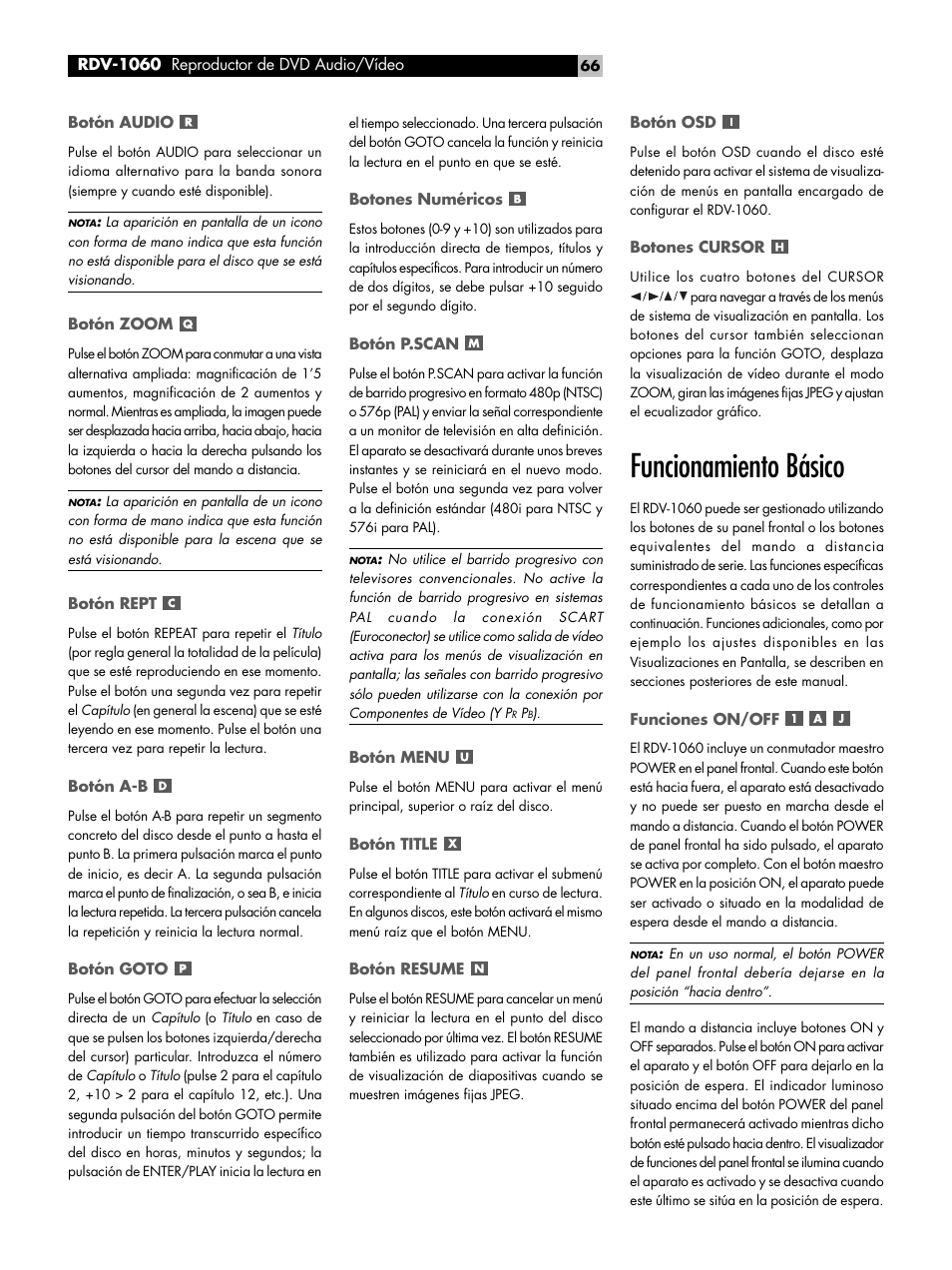 Botón audio, Botón zoom, Botón rept | Botón a-b, Botón goto, Botones numéricos, Botón p.scan, Botón menu, Botón title, Botón resume | ROTEL RDV-1060 User Manual | Page 66 / 108