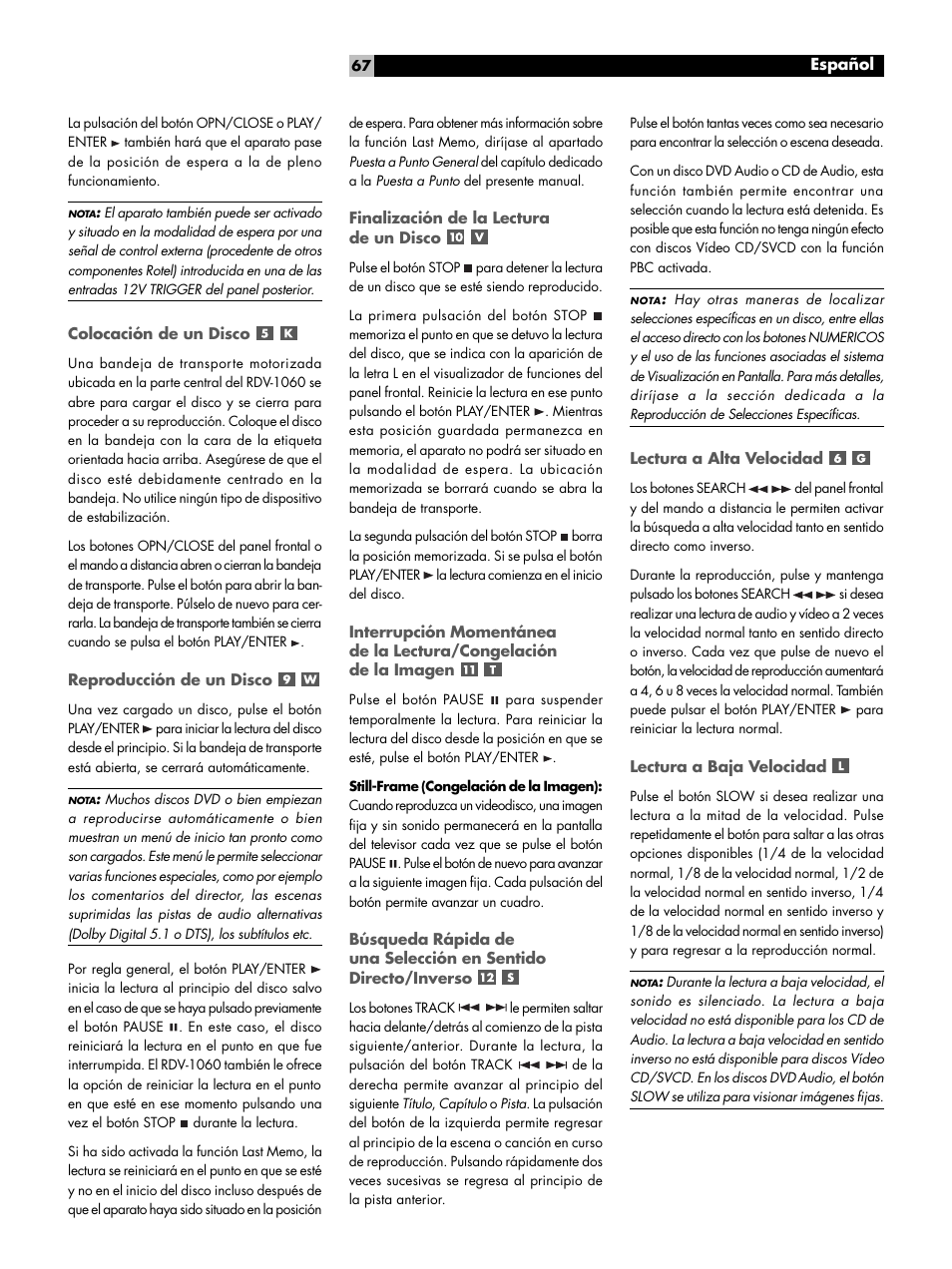 Colocación de un disco, Reproducción de un disco, Finalización de la lectura de un disco | Lectura a alta velocidad, Lectura a baja velocidad | ROTEL RDV-1060 User Manual | Page 67 / 108