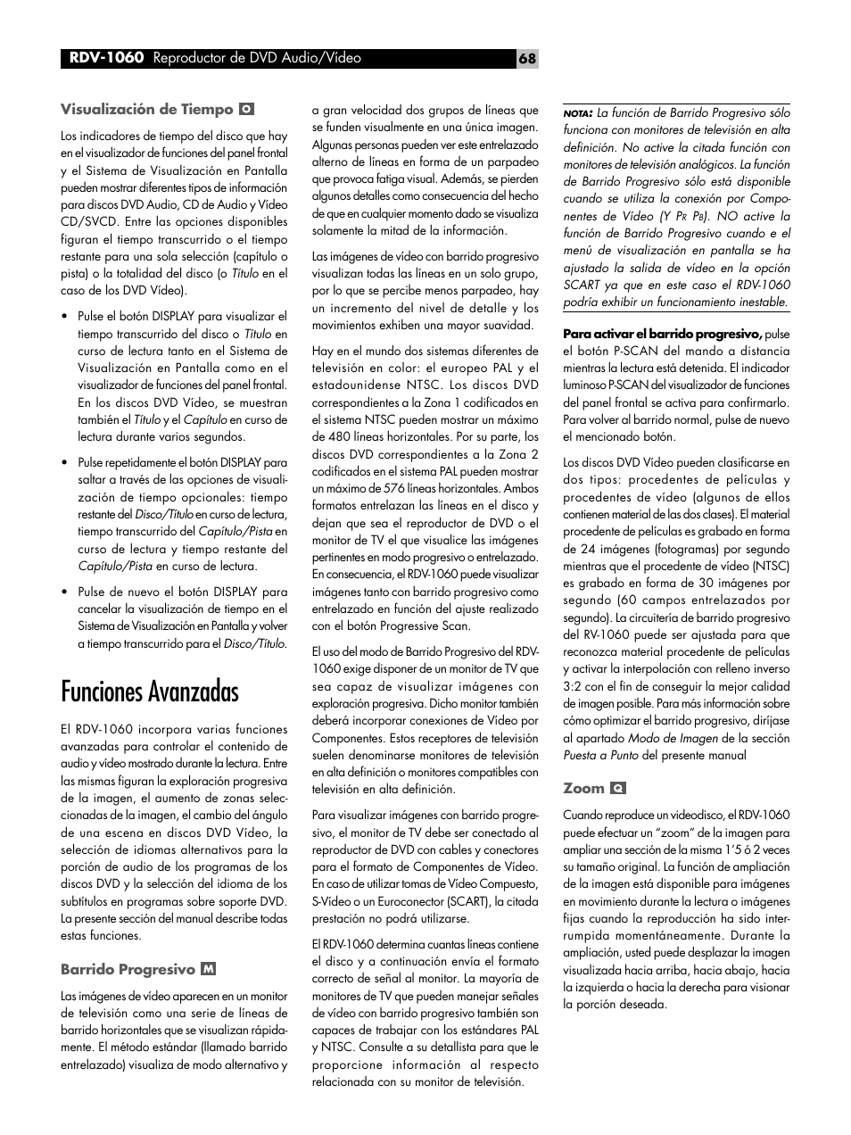 Visualización de tiempo, Funciones avanzadas, Barrido progresivo | Zoom | ROTEL RDV-1060 User Manual | Page 68 / 108