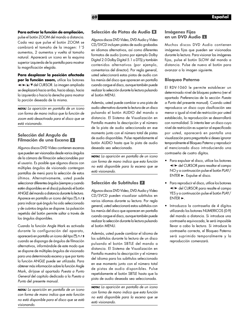 Selección del angulo de filmación de una escena, Selección de pistas de audio, Selección de subtítulos | Imágenes fijas en un dvd audio, Bloqueo paterno | ROTEL RDV-1060 User Manual | Page 69 / 108