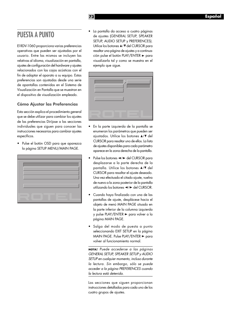 Puesta a punto, Cómo ajustar las preferencias | ROTEL RDV-1060 User Manual | Page 73 / 108