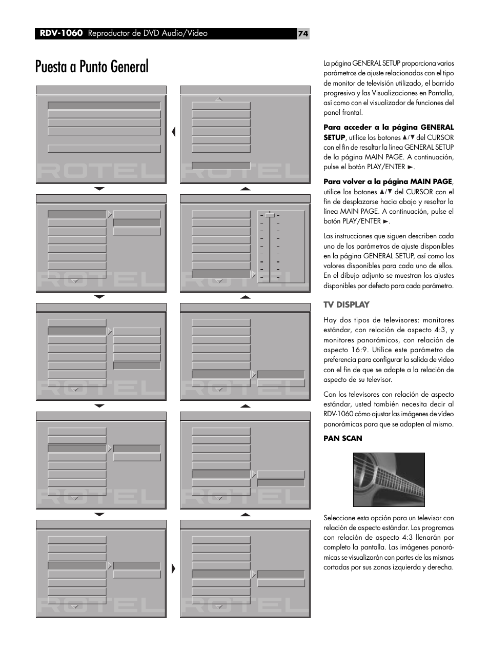 Puesta a punto general, Tv display, Rdv-1060 reproductor de dvd audio/vídeo | ROTEL RDV-1060 User Manual | Page 74 / 108