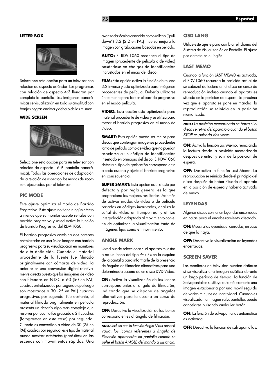 Pic mode, Angle mark, Osd lang | Last memo, Leyendas, Screen saver | ROTEL RDV-1060 User Manual | Page 75 / 108