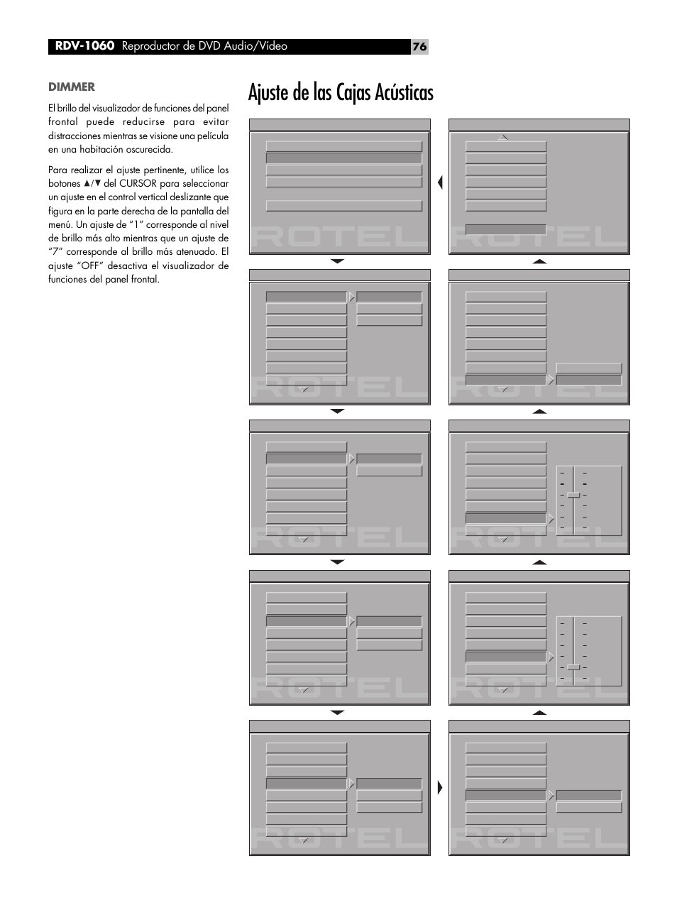 Dimmer, Ajuste de las cajas acústicas, Rdv-1060 reproductor de dvd audio/vídeo | ROTEL RDV-1060 User Manual | Page 76 / 108