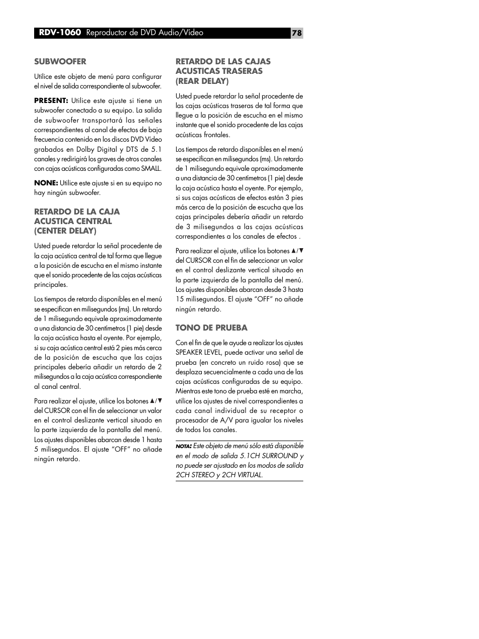 Subwoofer, Retardo de la caja acustica central (center delay), Tono de prueba | ROTEL RDV-1060 User Manual | Page 78 / 108
