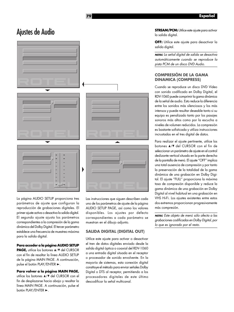 Ajustes de audio, Salida digital (digital out), Compresión de la gama dinamica (compress) | Español | ROTEL RDV-1060 User Manual | Page 79 / 108