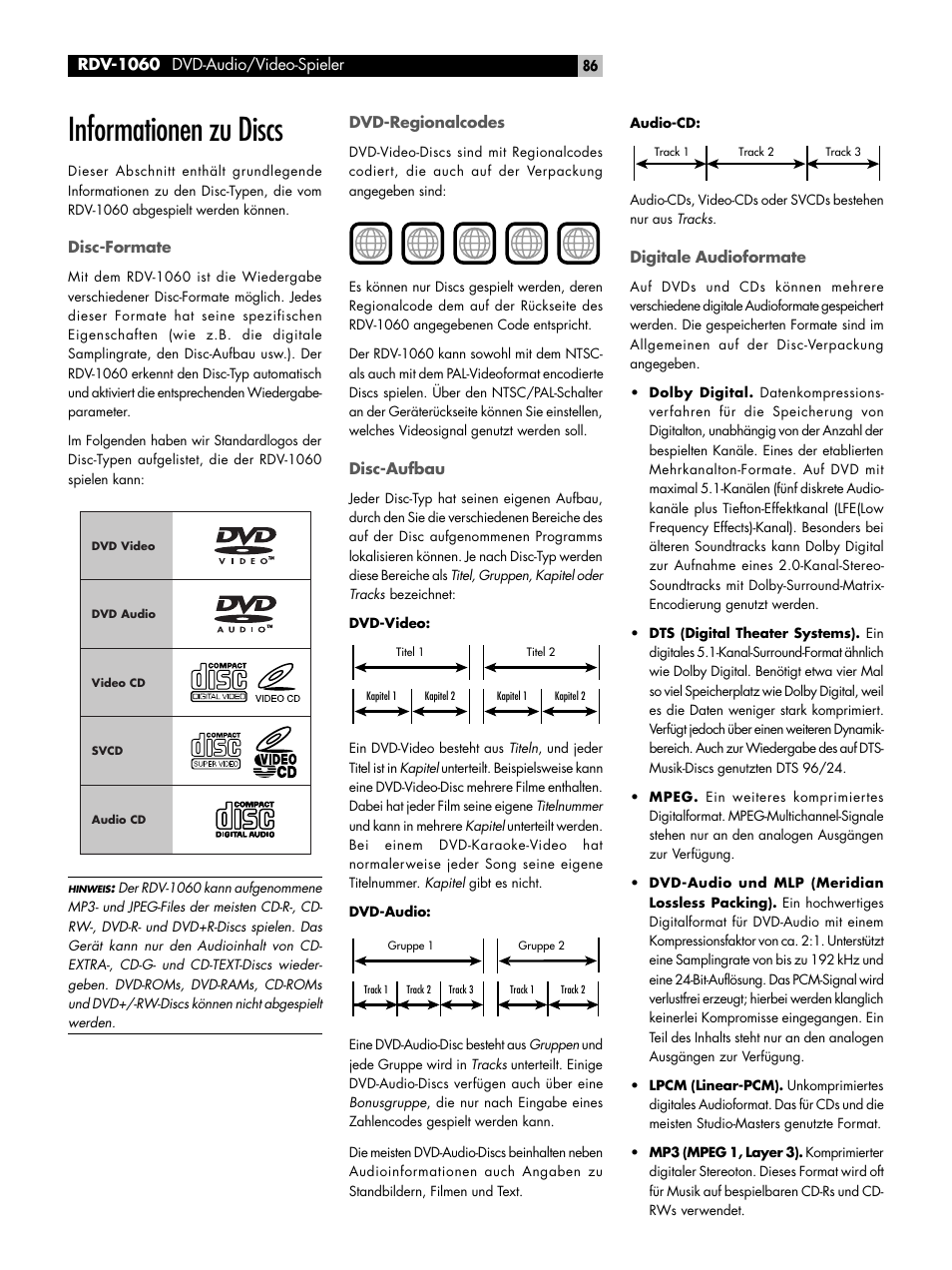 Informationen zu discs, Disc-formate, Dvd-regionalcodes | Disc-aufbau, Digitale audioformate | ROTEL RDV-1060 User Manual | Page 86 / 108