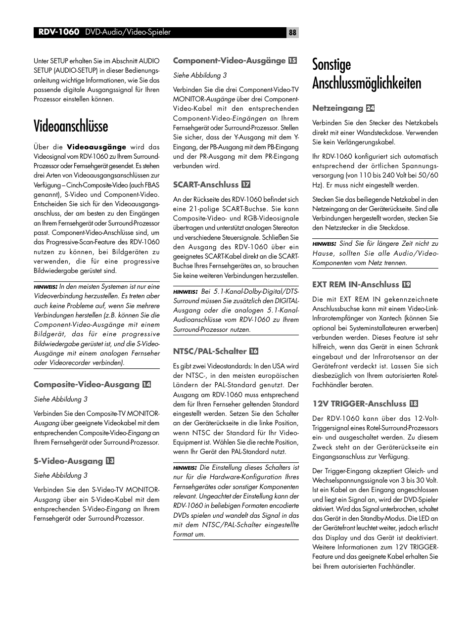 Videoanschlüsse, Composite-video-ausgang, S-video-ausgang | Component-video-ausgänge, Scart-anschluss, Ntsc/pal-schalter, Sonstige anschlussmöglichkeiten, Netzeingang, Ext rem in-anschluss, 12v trigger-anschluss | ROTEL RDV-1060 User Manual | Page 88 / 108