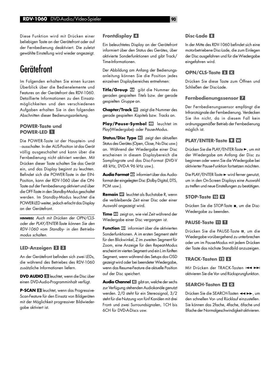 Gerätefront, Power-taste und power-led, Led-anzeigen | Frontdisplay, Disc-lade, Opn/cls-taste, Fernbedienungssensor, Play/enter-taste, Stop-taste, Pause-taste | ROTEL RDV-1060 User Manual | Page 90 / 108