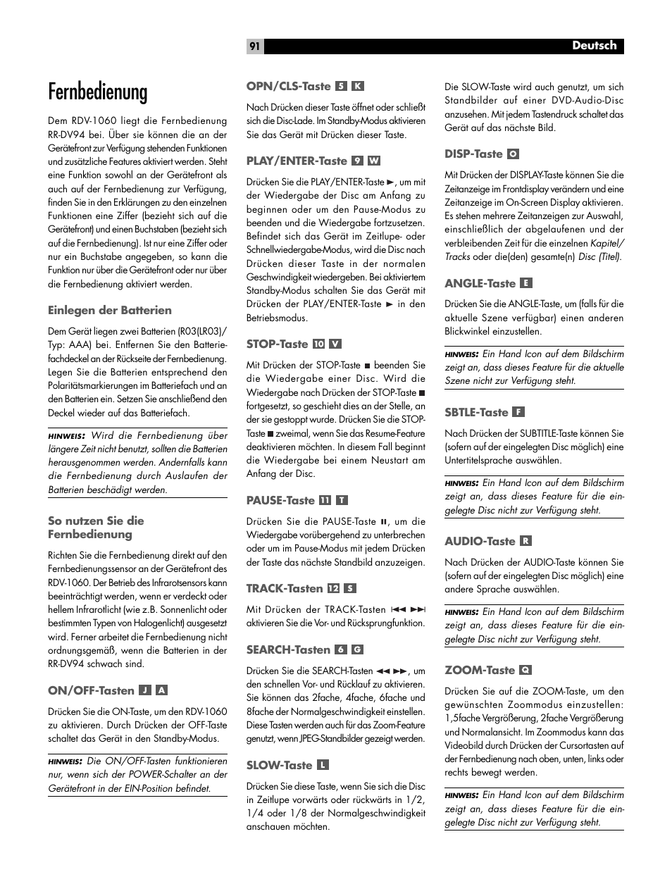 Fernbedienung, Einlegen der batterien, So nutzen sie die fernbedienung | On/off-tasten, Opn/cls-taste, Play/enter-taste, Stop-taste, Pause-taste, Track-tasten, Search-tasten | ROTEL RDV-1060 User Manual | Page 91 / 108