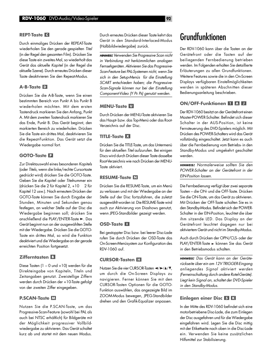 Rept-taste, A-b-taste, Goto-taste | Zifferntasten, P.scan-taste, Menu-taste, Title-taste, Resume-taste, Osd-taste, Cursor-tasten | ROTEL RDV-1060 User Manual | Page 92 / 108