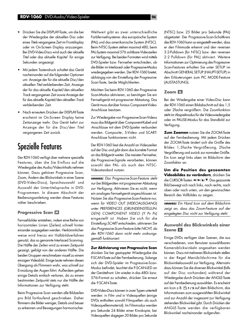 Spezielle features, Progressive scan, Zoom | Auswahl des blickwinkels einer szene | ROTEL RDV-1060 User Manual | Page 94 / 108