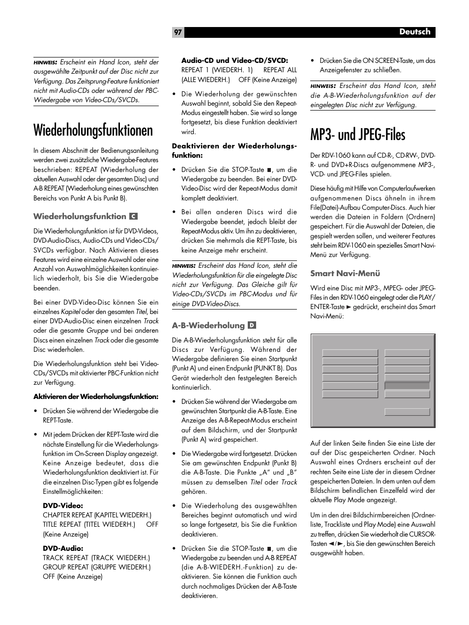 Wiederholungsfunktionen, Wiederholungsfunktion, A-b-wiederholung | Mp3- und jpeg-files, Smart navi-menü | ROTEL RDV-1060 User Manual | Page 97 / 108